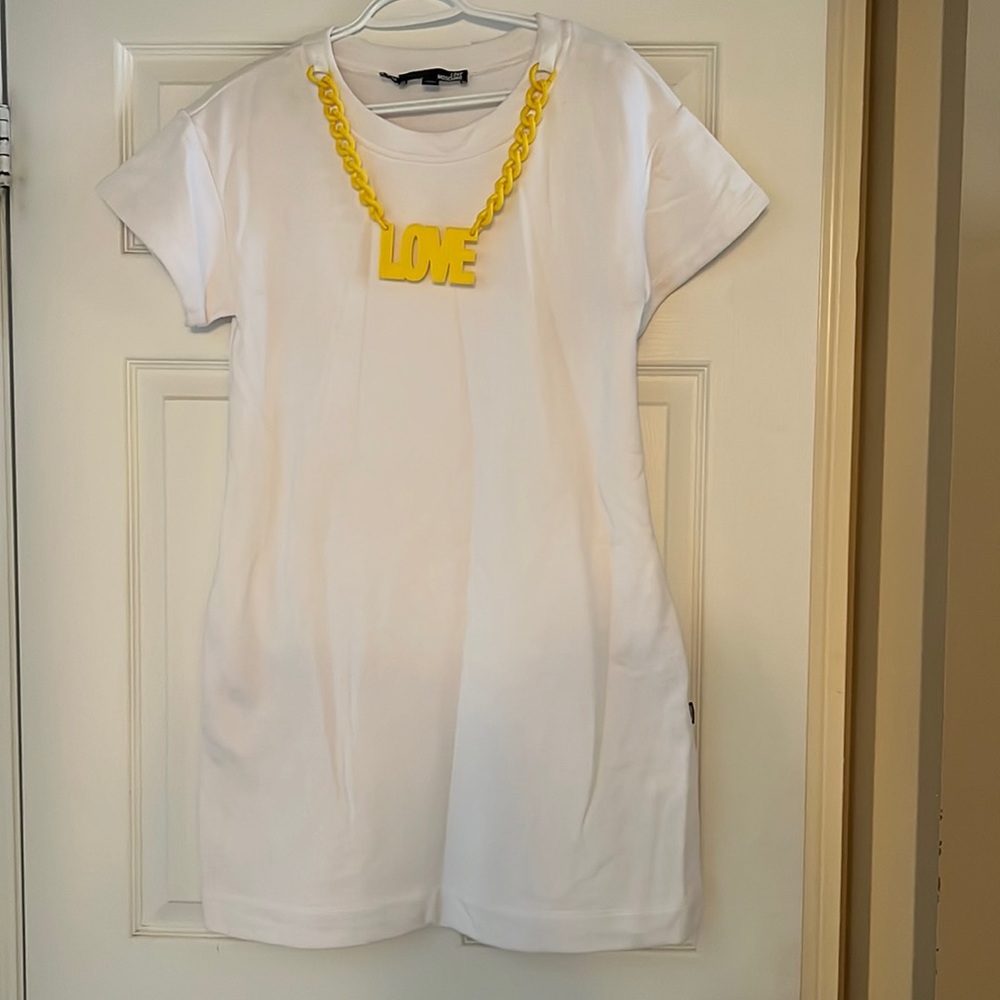 Love Moschino white Dress with yellow love chain attached